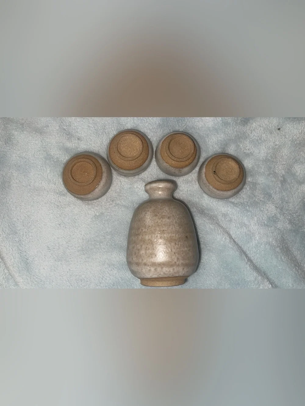 Vintage Japanese Ceramic Sake Set Tokkuri Flask & 4 Guinomi Cups Rustic Wabi-Sab